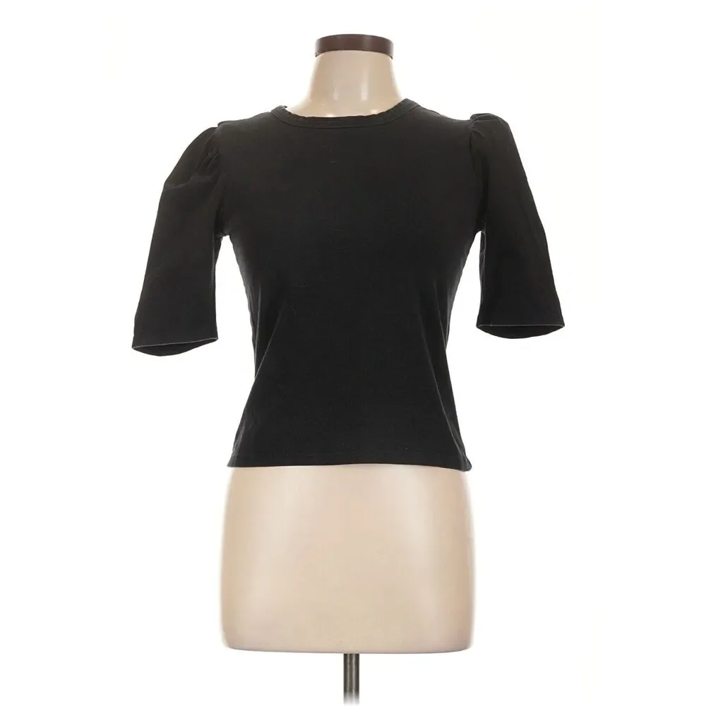 Reformation Jeans Black Puff Sleeve Top Womens L Short Sleeve Knit